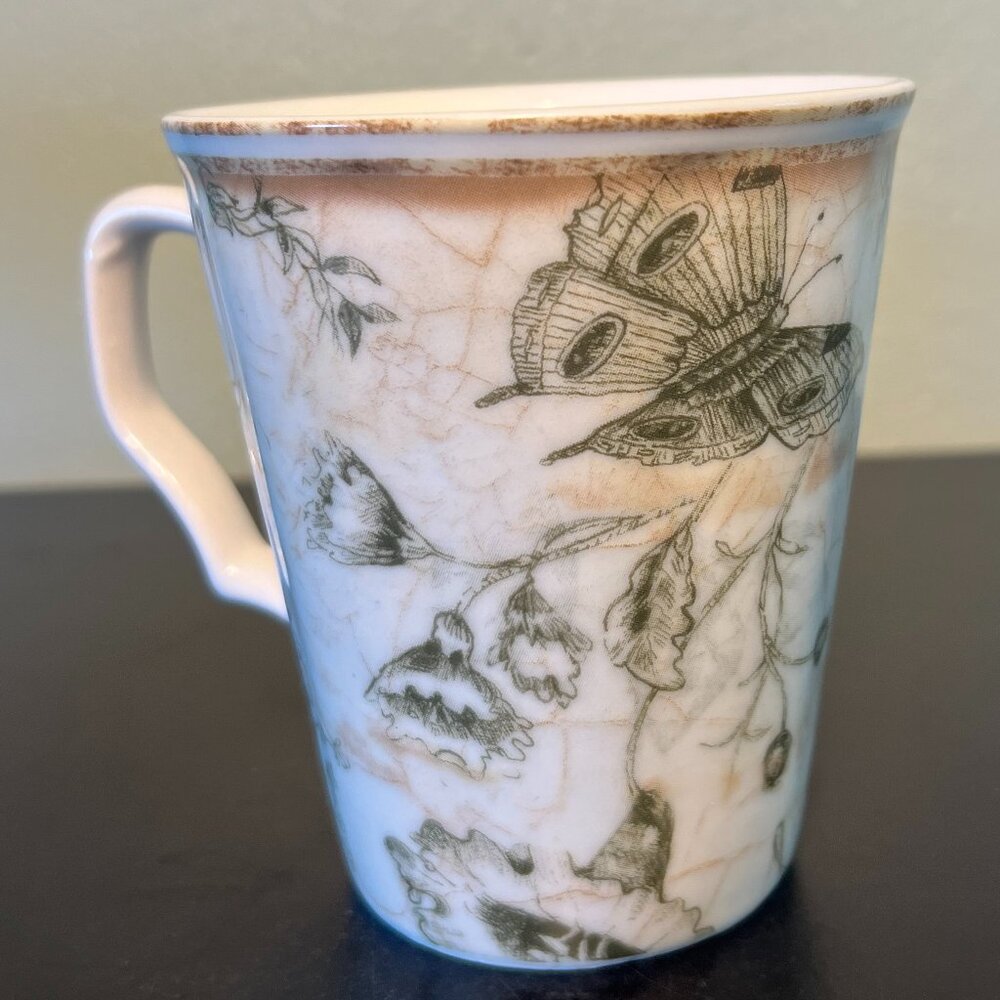 222 Fifth Floral Toile Mug Green Kathryn White Art in Motion Porcelain Cup 14oz